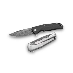 Navaja italiana LIONSTEEL TRE DR FC con hoja de acero damasco inox Chad Nichols de 7,4 cm y empuñadura de titanio 6AI4V negro