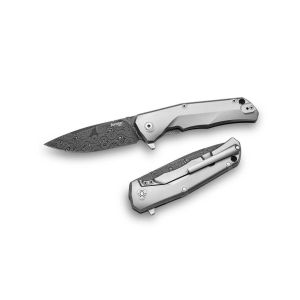 Navaja italiana LIONSTEEL TRE DR GY con hoja de acero damasco inox Chad Nichols de 7,4 cm y empuñadura de titanio 6AI4V gris